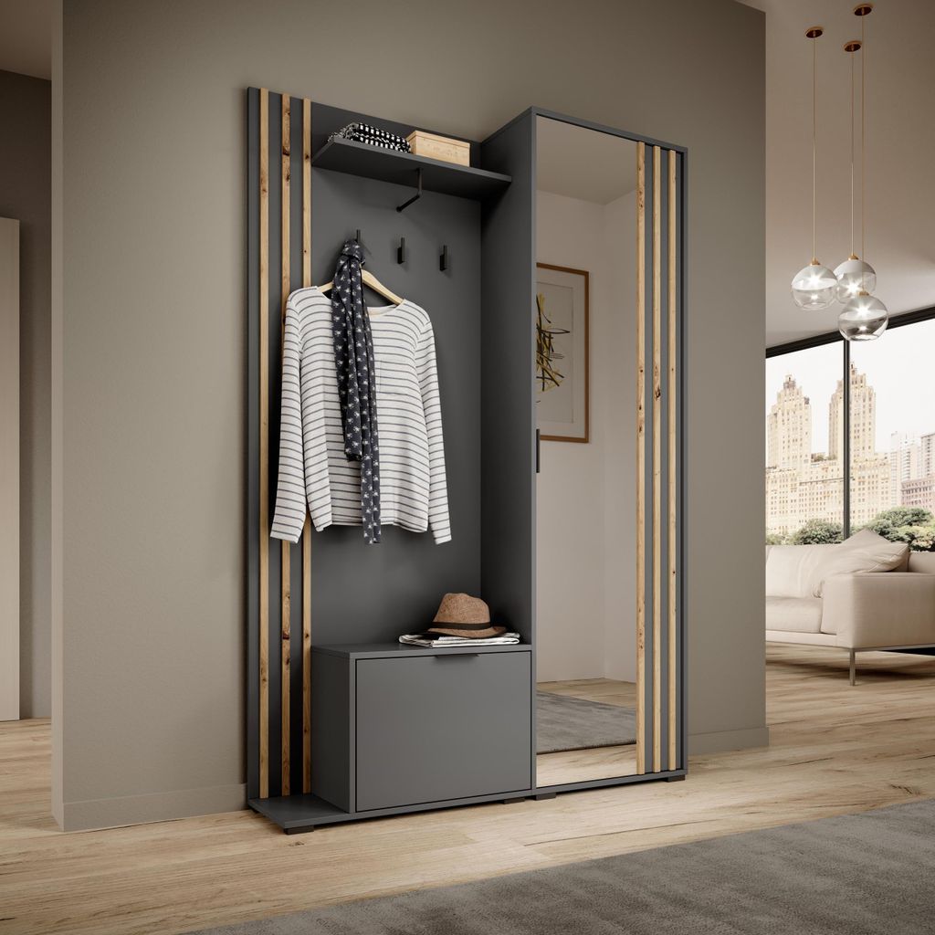 Garderobenset Flur mit Kleiderschrank und Spiegel ELIA Flurgarderobe mit Spiegel und Schuhschrank Garderoben-Set mit Kleiderhaken, Farbe: Artisan-E...