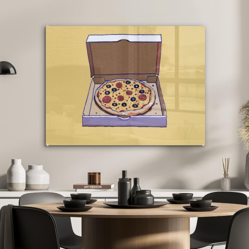 MuchoWow Glasbilder - Bilder auf Wandbild - Foto auf Glas Pizza - Schachtel - Salami - Illustration 80x60 cm Wanddekoration aus Glas - Acrylglasbil...
