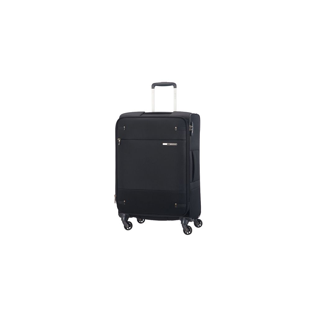 A black Samsonite suitcase is shown against a white background.