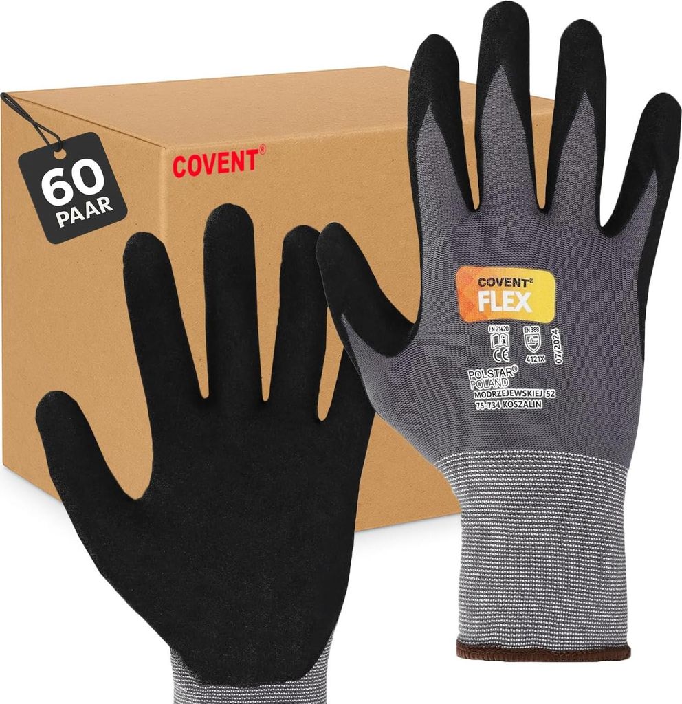 60er Set Covent FLEX Arbeitshandschuhe Herren Gr. 9 – EN388 Montagehandschuhe Kategorie II – Schutzhandschuhe für Bau, Mechanik & Handwerk