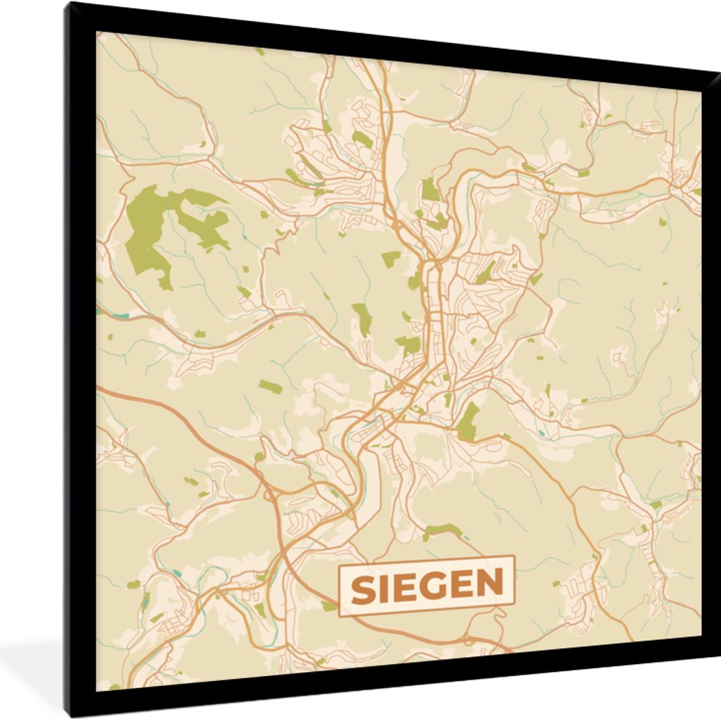 MuchoWow Gerahmtes Poster Siegen - Karte - vintage - Stadtplan 40x40 cm - Poster mit Schwarzem Bilderrahmen Wandposter Rahmen Foto Bilder - Mit R...