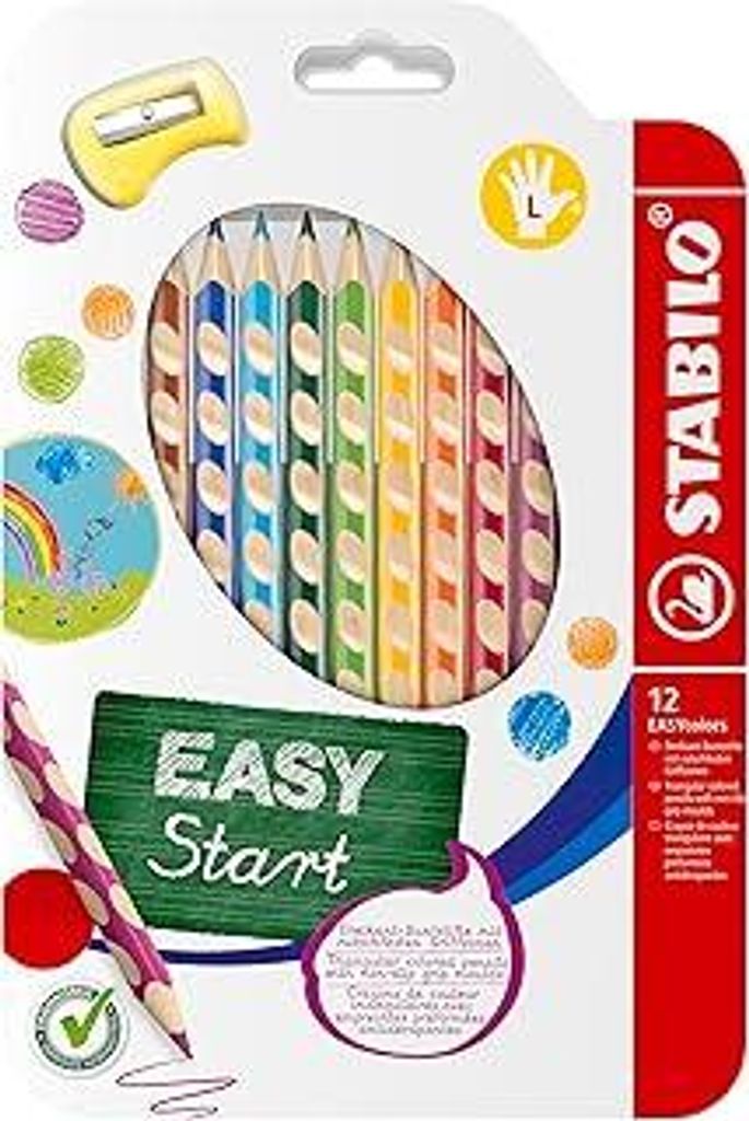 STABILO - Ergonomischer Buntstift für Linkshänder - EASYcolors - 12er Pack mit Spitzer