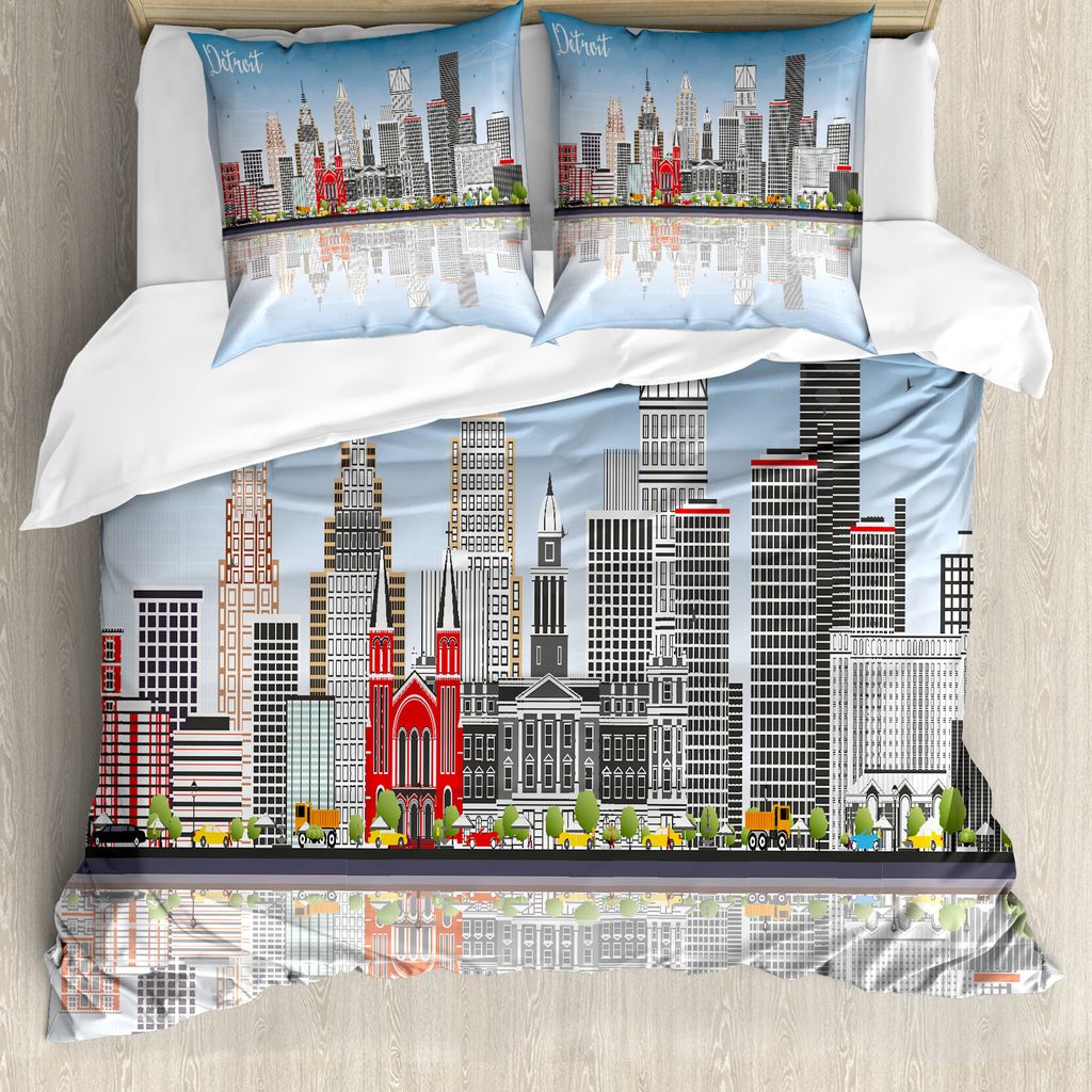 ABAKUHAUS Detroit Bettbezug, Stadtansicht Wolkenkratzer, Milbensicher Allergiker geeignet mit Kissenbezügen, 200 cm x 200 cm - 80 x 80 cm, Mehrfarbig