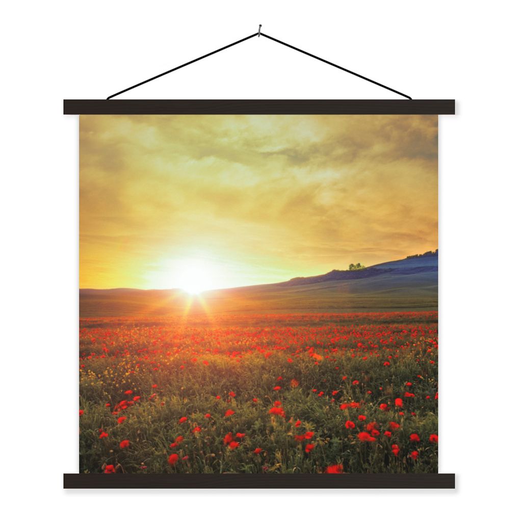 MuchoWow Textilposter Italien - Sonnenuntergang - Mohnblume 40x40 cm mit schwarzem Rahmen - Fotos
