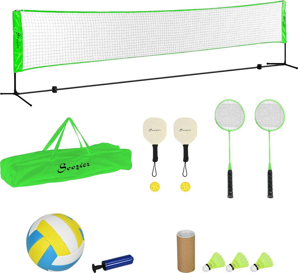 Fortuna Lai Badminton Set, Badmintonnetz mit Ständer, Federbällen, 4 Schlägern, verstellbar Volleyballnetz, mit Tragetasche, für Indoor, Outdoor