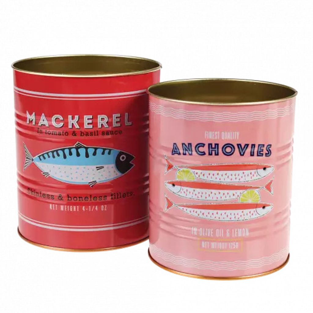 Two decorative tin cans designed to look like mackerel and anchovy tins.