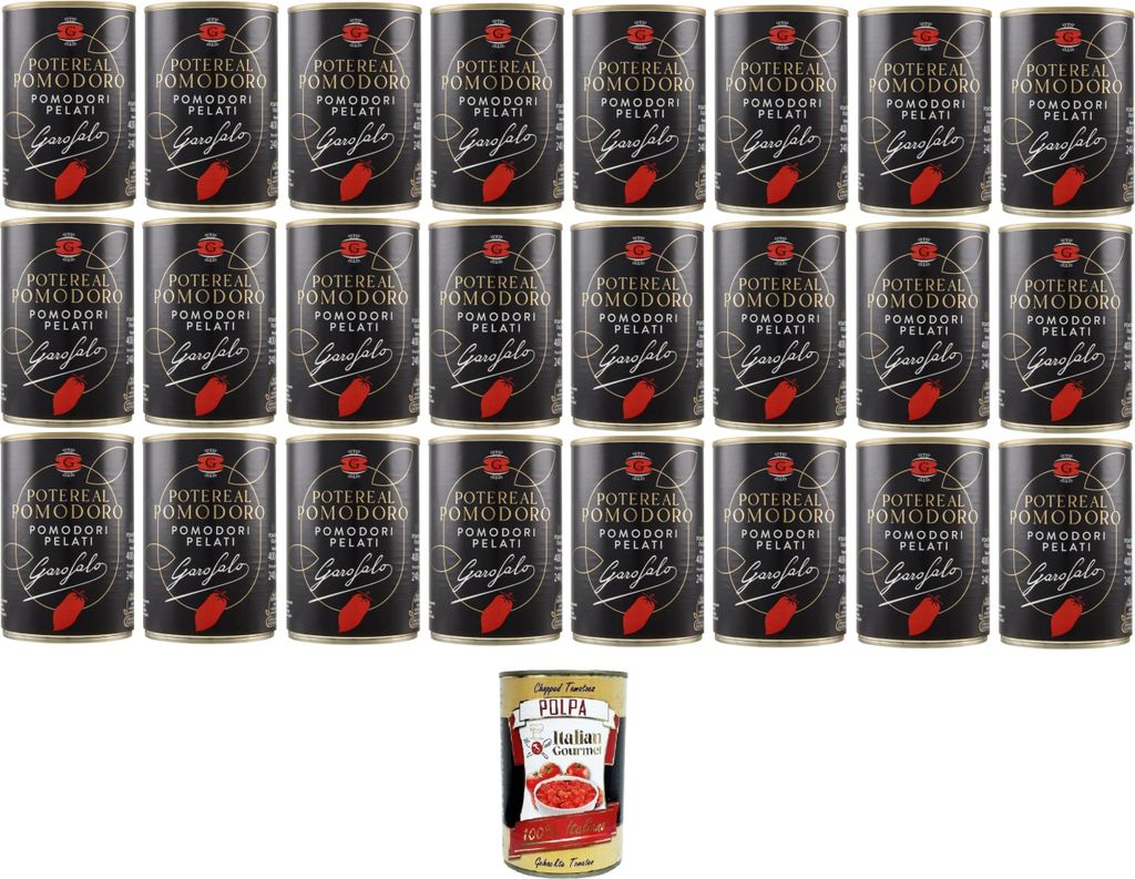 Garofalo Potere al Pomodoro Pelati,Geschälte Tomaten in Tomatensaft 24x400gr + Italian Gourmet polpa 400g