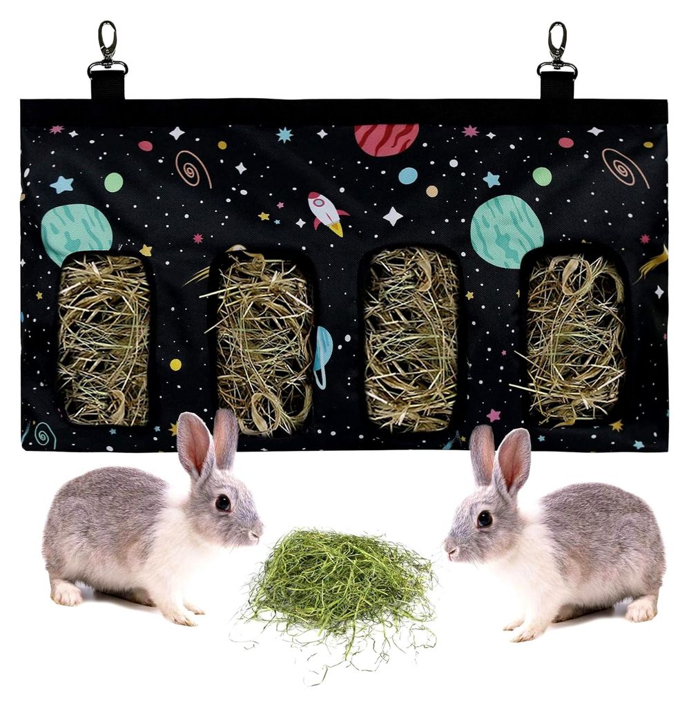 Heutasche für Kaninchen und Meerschweinchen, Futterstation für Kleintiere (4 Fenster, Muster Schwarz)
