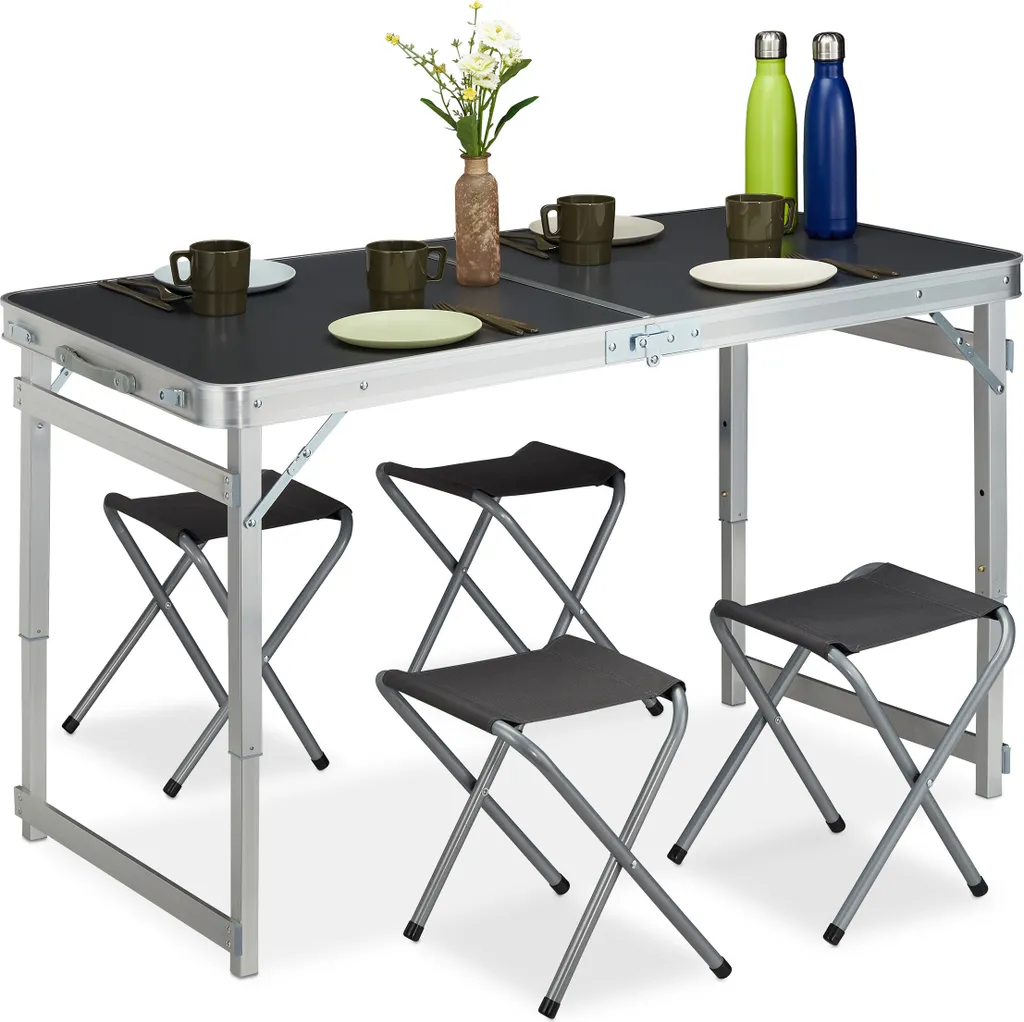 Table de Camping Pliante 4 Places Réglable en Hauteur 120x60 cm Grise