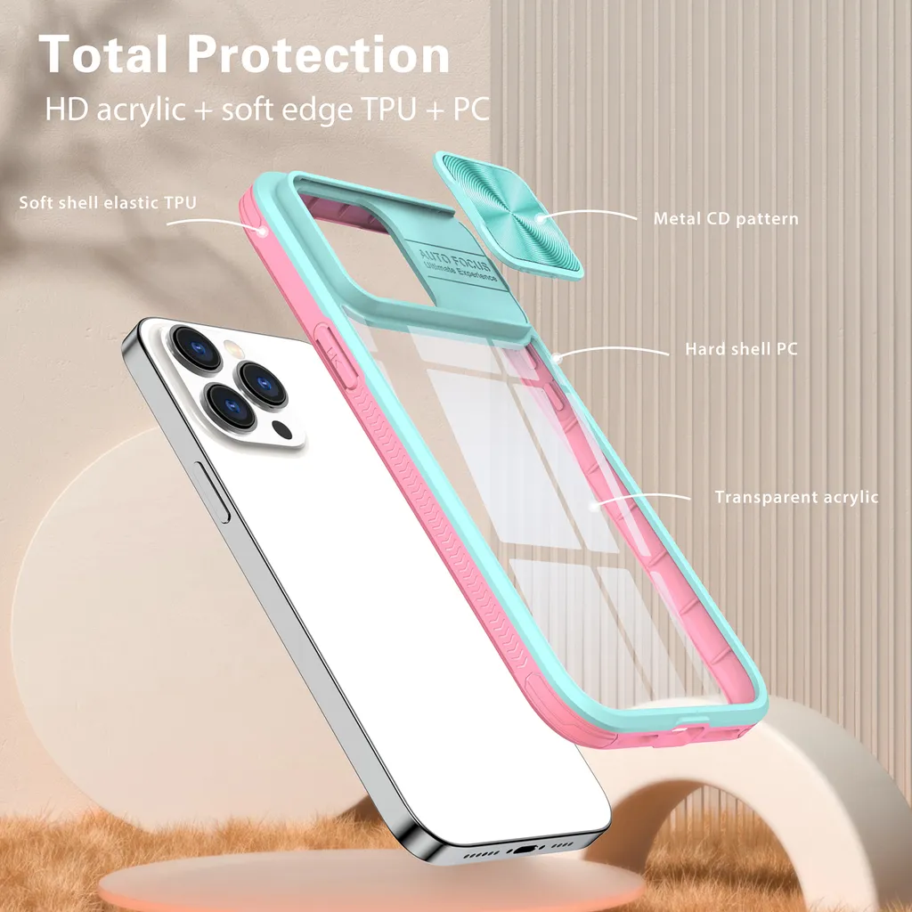 Custodia per iPhone 15 Pro Max Custodia ibrida trasparente in TPU con copertura scorrevole della fotocamera Azzurro - 4