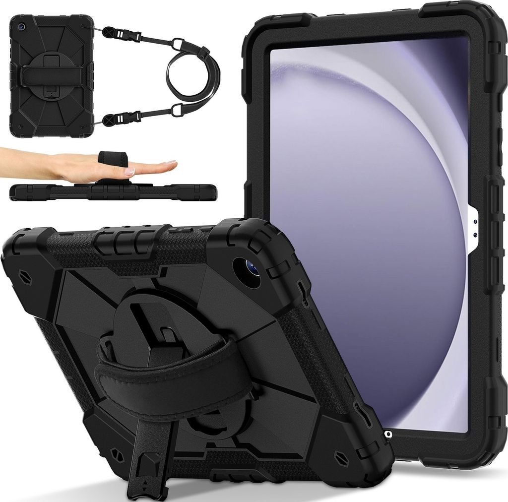Mobigear SureGrip Xtreme Samsung Galaxy Tab A9 Plus (2023) Hülle Kunststoff,Silikon Backcover + Schulterträger + Ständer - Schwarz