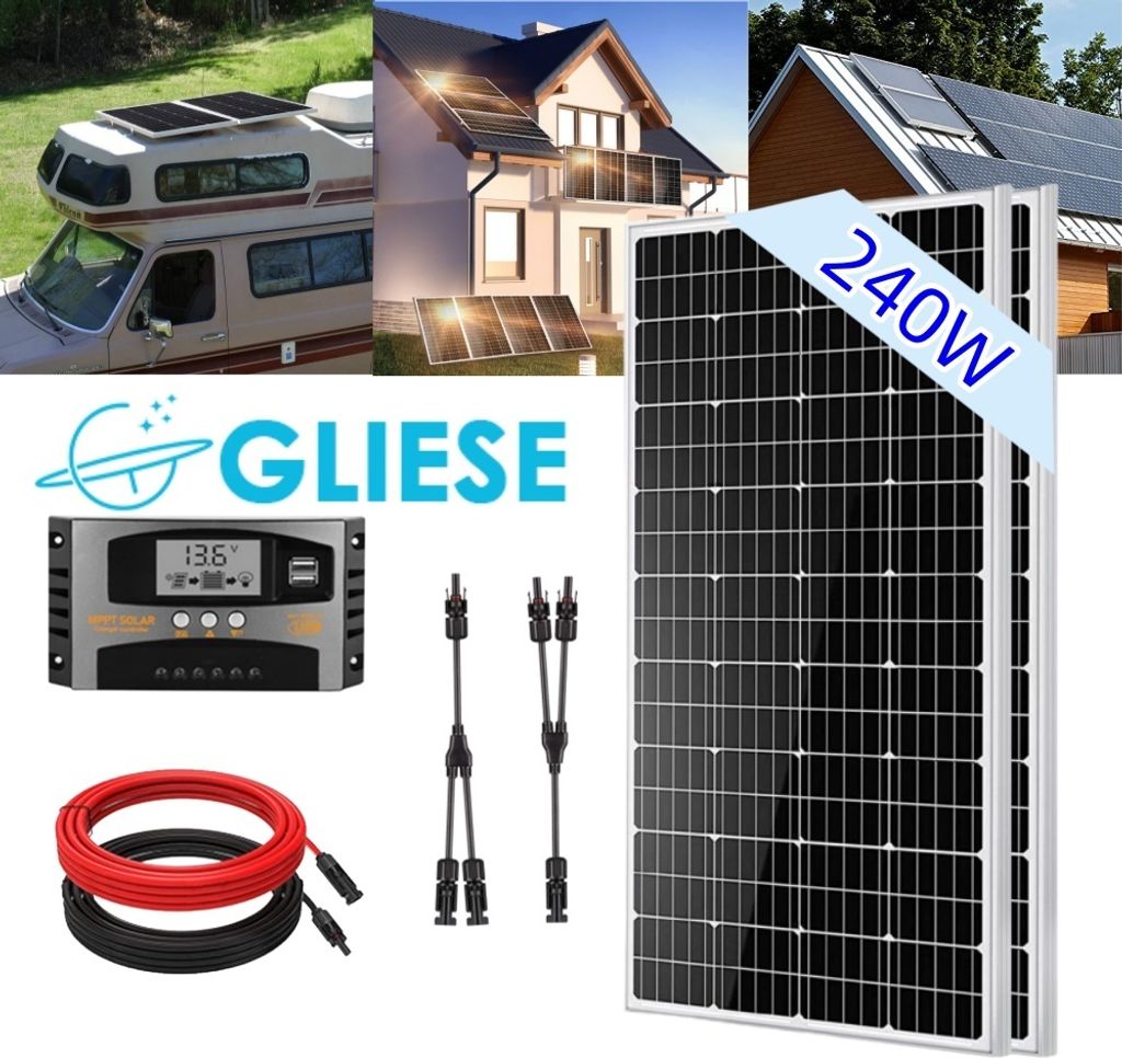 240 Watt Solarpanel Solarmodul-Set Solaranlage Monokristallines Photovoltaik Komplettset für Wohnmobil Garten Camping