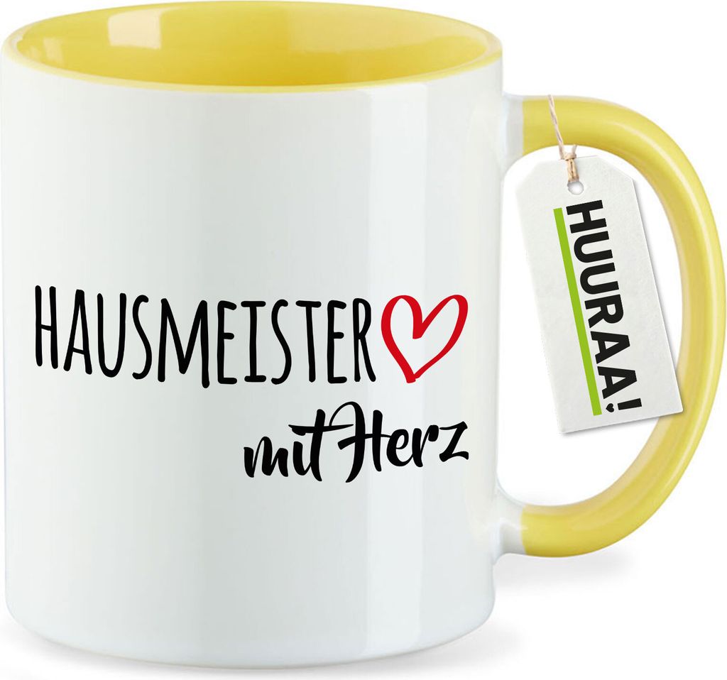 Huuraa Kaffeetasse Hausmeister mit Herz 330ml Gelb Keramik Kaffeebecher Geschenkidee