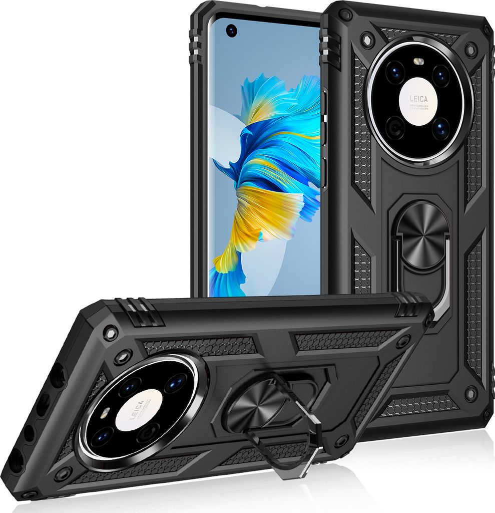 LaimTop Schutzhülle für Huawei Mate 40 Pro, Dual Layer Robust Militäre Fallschutz Hülle mit Ringhalterung Ständer Schwarz