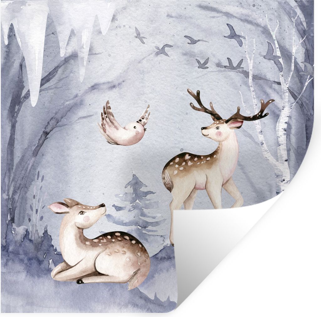 MuchoWow Wandtattoo Wandsticker Wandaufkleber Winter - Vogel - Hirsch 30x30 cm Selbstklebend und Repositionierbar - Repositionierbar - Wasser abw...