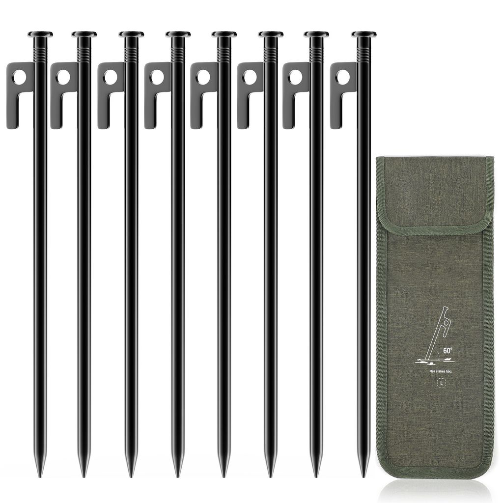 8pcs Zelt Heringe Stahl Erdnägel 30cm mit Haken und Loch für Camping und Outdoor Zelt,Vorzelt,Pavillon,Sturmanker mit Aufbewahrungstasche Schwarz