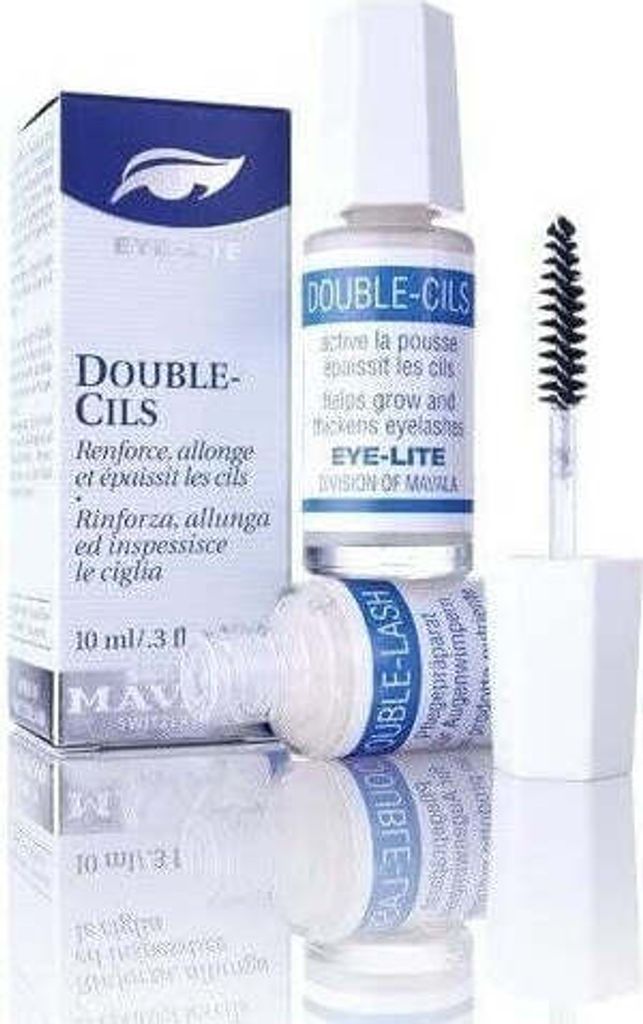 A product shot of Mavala Double-Lash eyelash enhancer, including the box, bottle, and applicator.