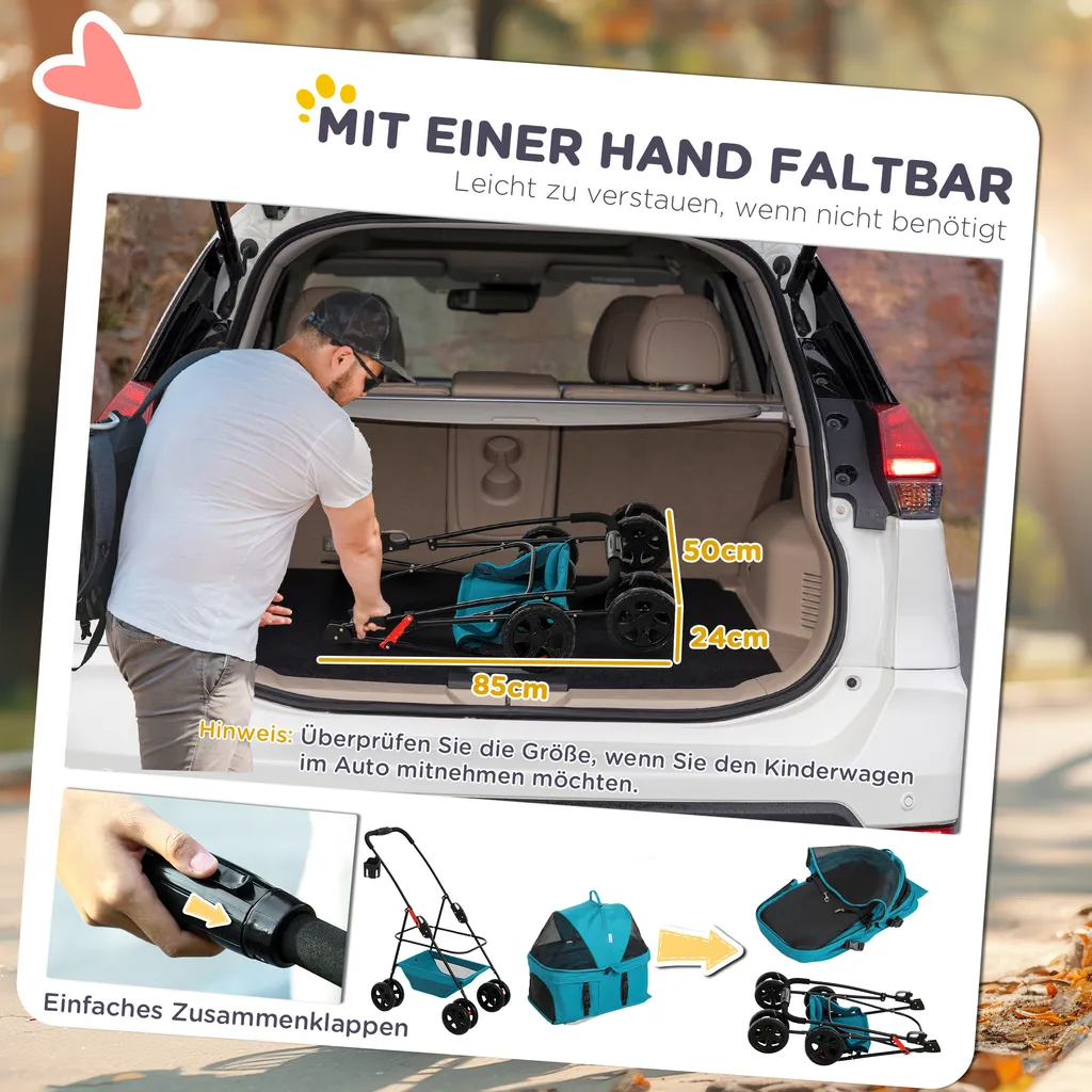 PawHut passeggino per cani 3 in 1 box per cani pieghevole, borsa da trasporto pieghevole con portabicchieri, passeggino per cani, passeggino per gatti con ruote a 360° passeggino per gatti per mini cani sotto i 4 kg, turchese - 5