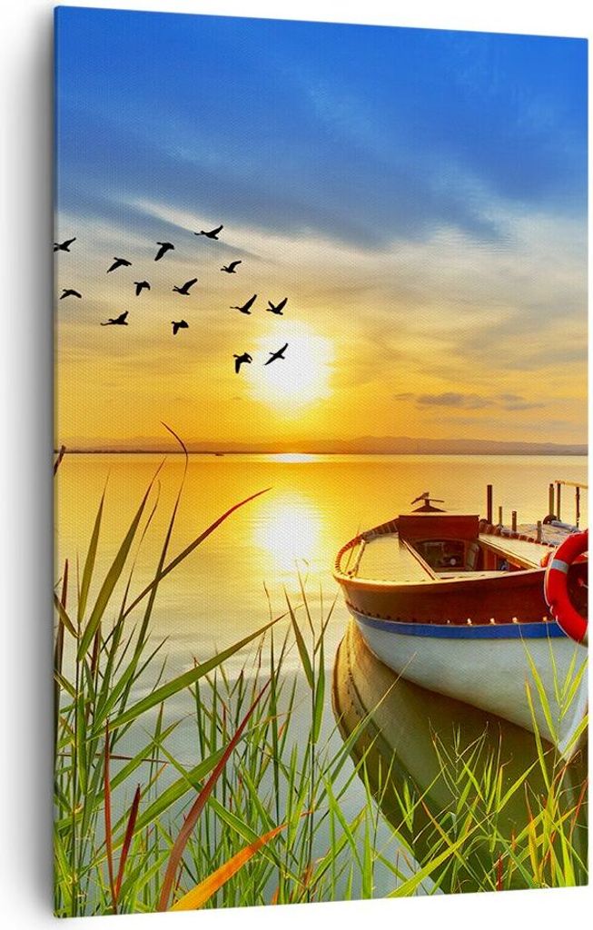 Bild auf Leinwand - LeinWandbild Einteilig - Boot See Sonnenuntergang Sommer Menschen - 80x120cm - Wand Bild - Wandbilder - Leinwanddruck - Wanddek...