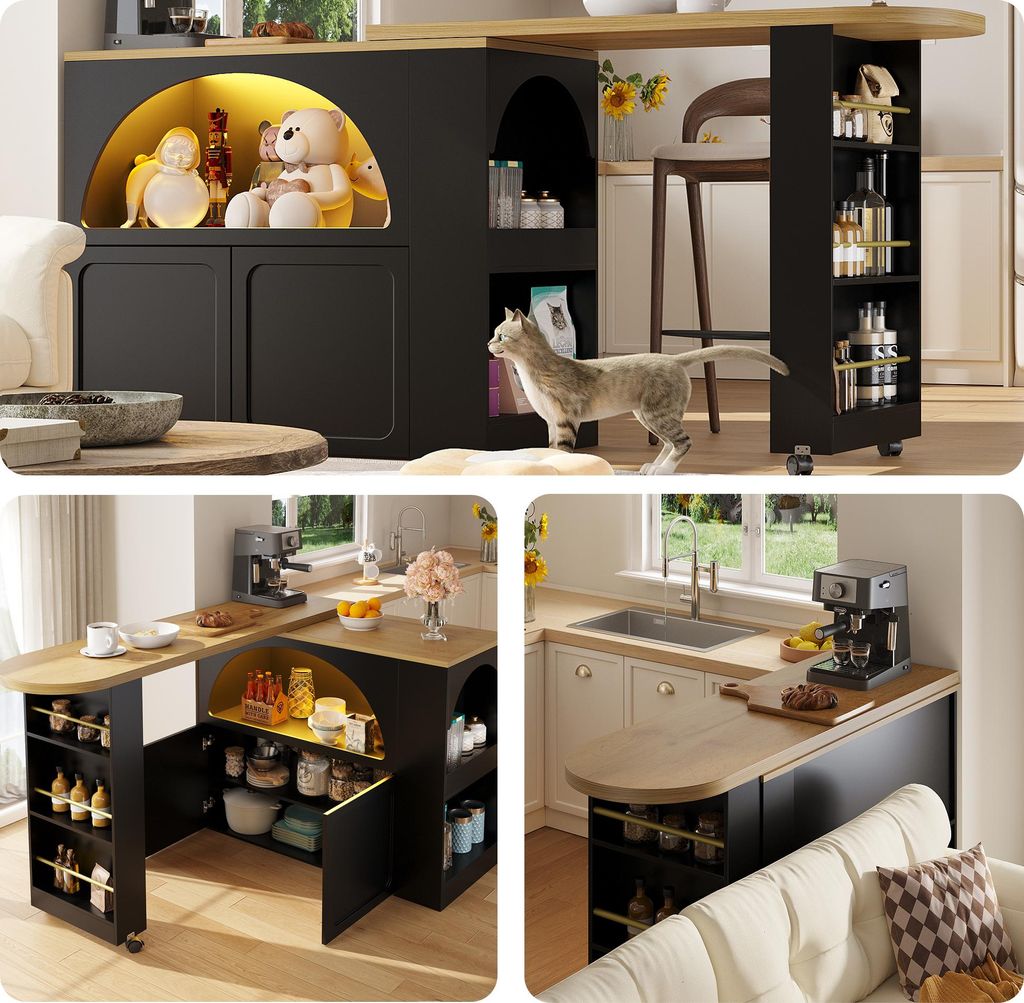 Bartisch ausziehbar 135-205x39x100cm, moderner Küchentresen mit LED-Beleuchtung & USB, fahrbarer Stehtisch mit Stauraum & Soft-Close, MDF Schwarz