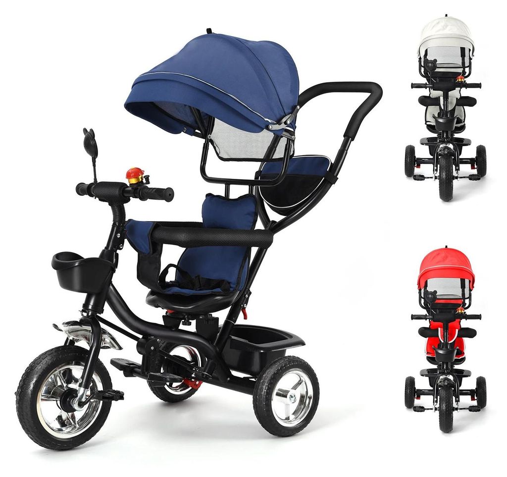 Kinder Dreirad - 3-in-1 klappbares Buggy Dreirad - 360° drehbarer Sitz - Rückspiegel und Klingel - Leinenbezug - 3–6 Jahre/20 kg - Dunkelblau