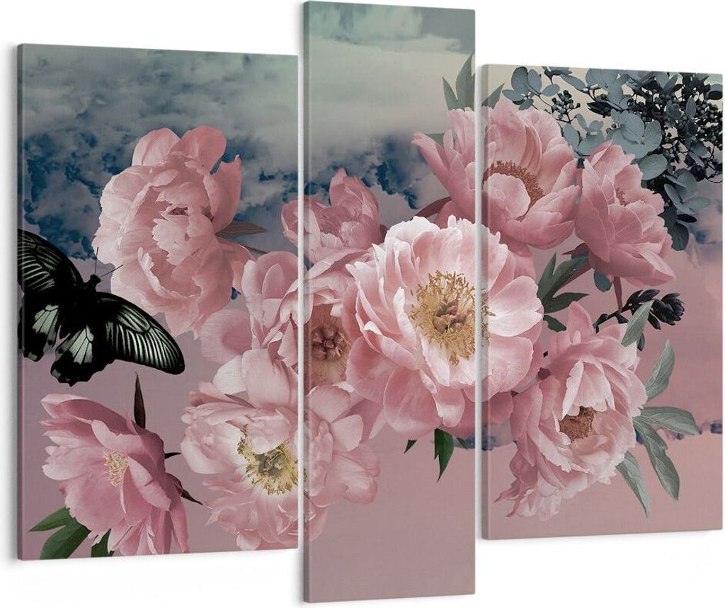 Bild auf Leinwand - Leinwandbild - 3 Teile - Blumen Schmetterling Wolken - 95x80cm - Wand Bild - Wanddeko - Wandbilder - Leinwanddruck - Bilder - W...