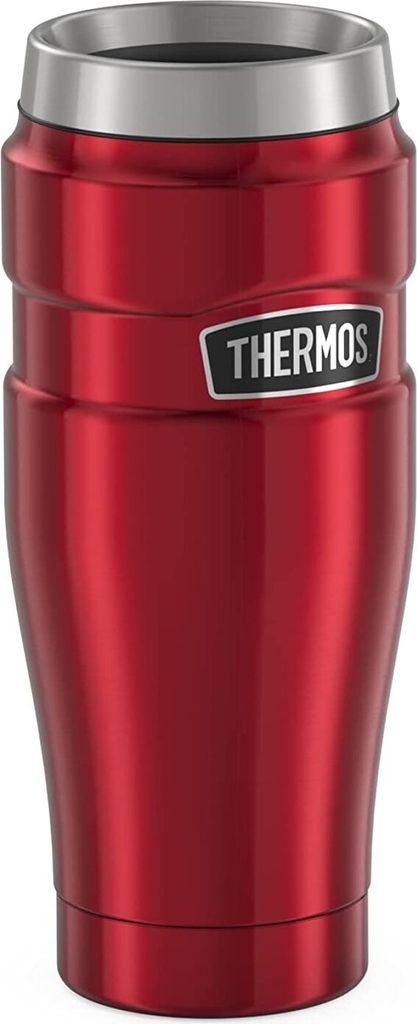 A red Thermos travel mug on a white background.