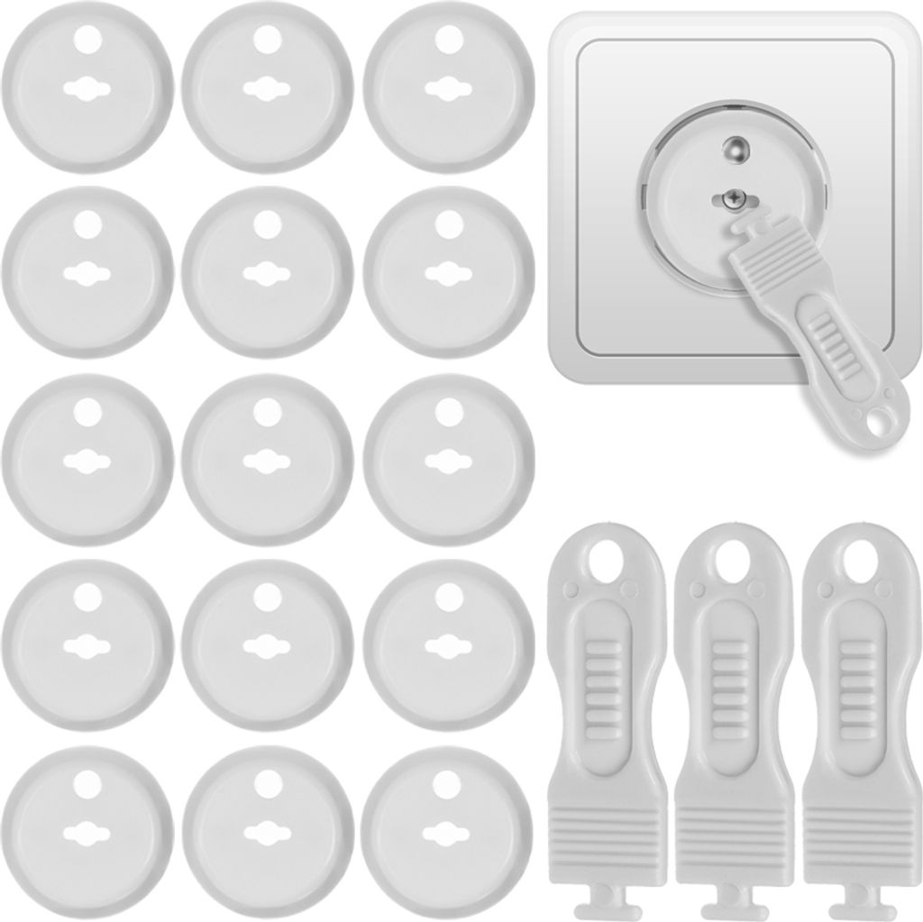 A collection of white plastic socket covers and a white plastic key for removing them, shown against a white background. A single socket cover is shown inserted into a white electrical socket.