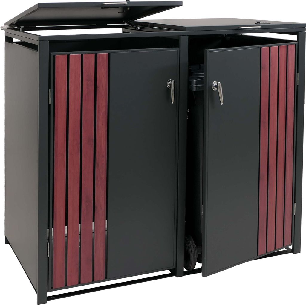 2er-Mülltonnenverkleidung MCW-O67, Mülltonnenbox mit Deckel, Metall 122x132x84cm 53kg anthrazit Holzoptik dunkel