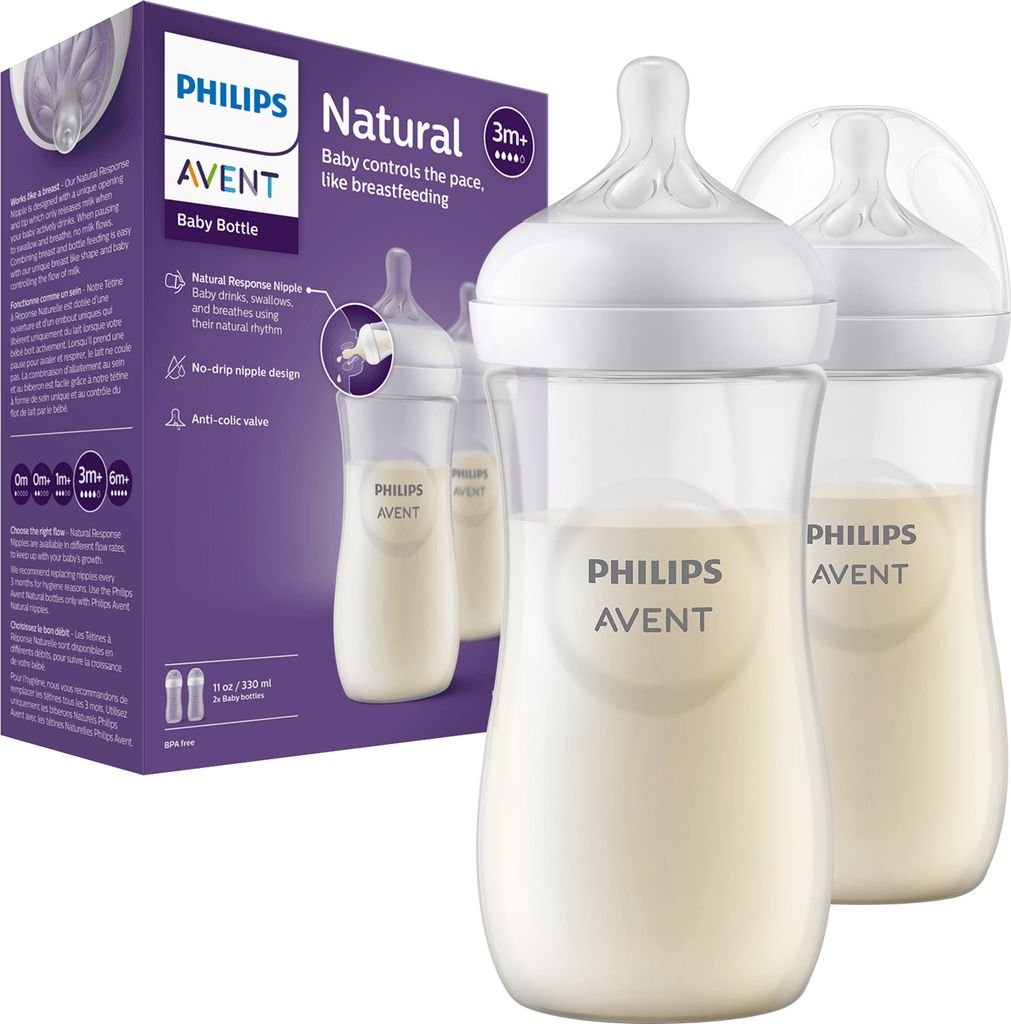 A box of Philips Avent baby bottles with two bottles shown in front of it.