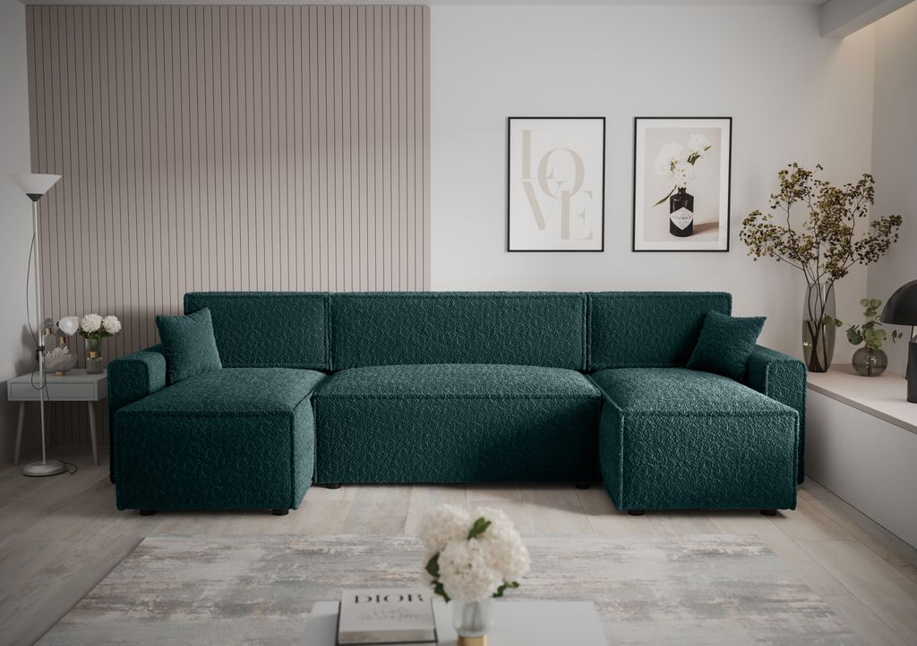 Ecksofa Alvito U BIS, Farbe: Wassergrün. Material: Bouclé. A: B: 330 cm,H: 85 cm,Otomana Länge: 140 cm, Eckcouch, Schlafcouch, Sofa bed, Schlafsofa