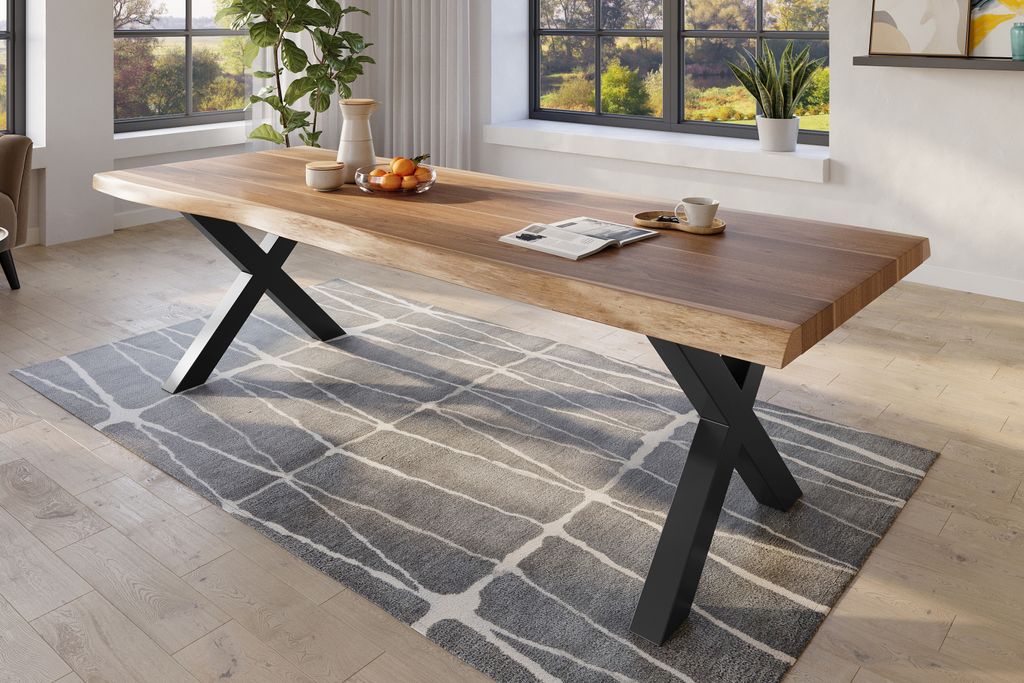 Refurbished Möbelretoure Baumkantentisch 280 x 110 cm Esstisch massiv Akazie Natur X-Gestell Schwarz TITAN