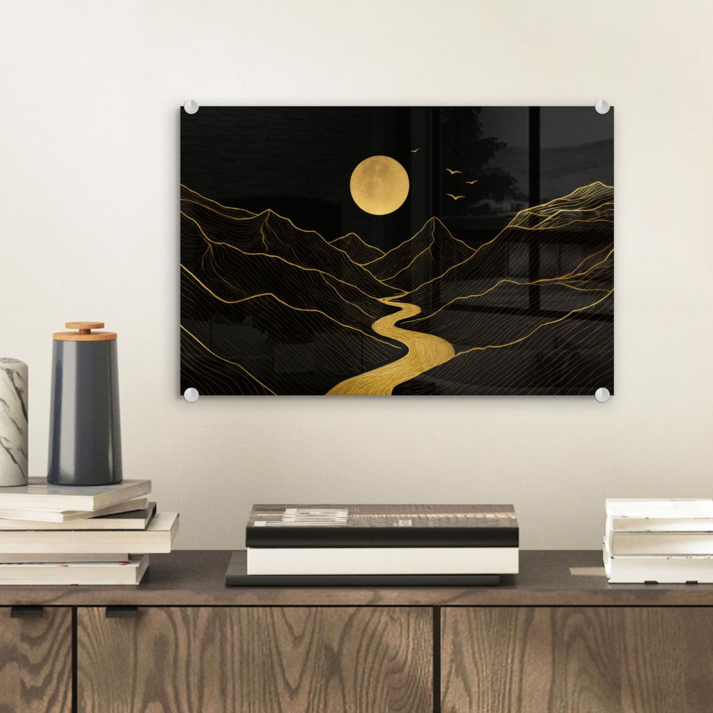 MuchoWow Glasbilder - Bilder auf Wandbild - Foto auf Glas Fluss - Gold - Mond - Vögel 30x20 cm Wanddekoration aus Glas - Acrylglasbild - Acrylbild...