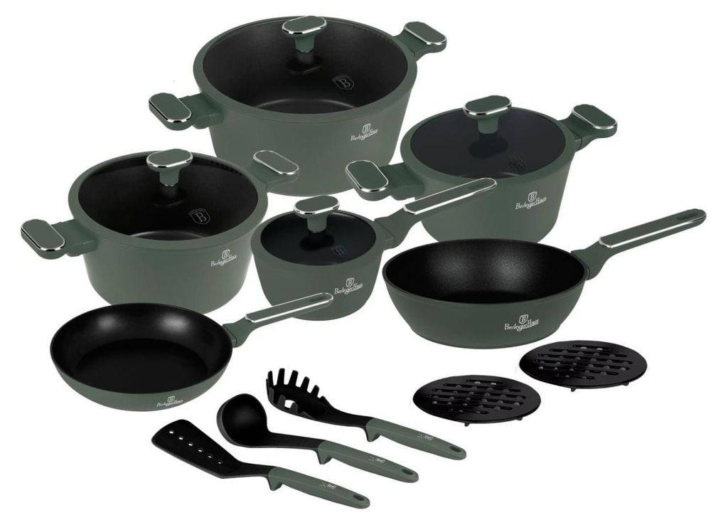 A collection of cookware and kitchen utensils arranged on a white background.