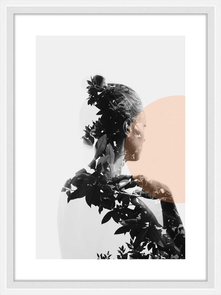 A double exposure image of a woman's profile superimposed with dark foliage and a peach-colored circle.