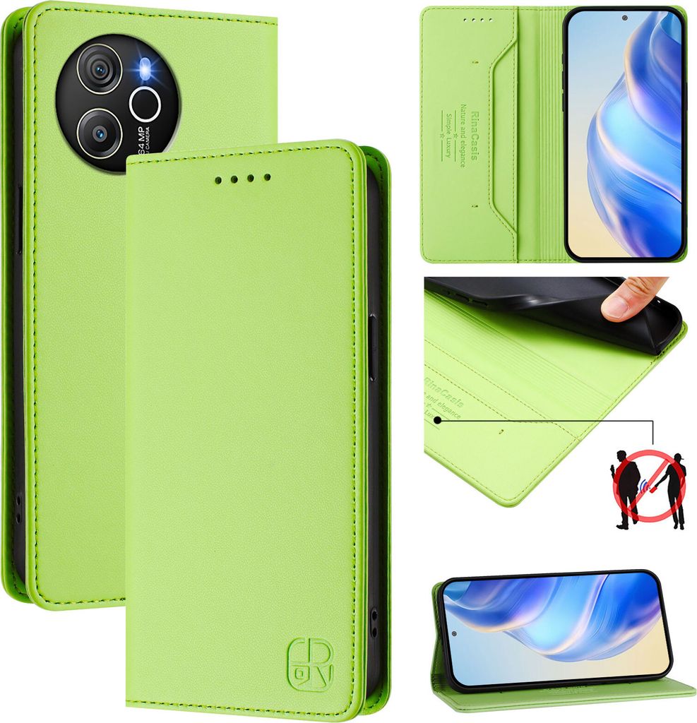Collage of images showing a green flip wallet phone case for a Blackview Shark 8/Oscal Tiger 12, including close-ups of the case's features and a phone inside.