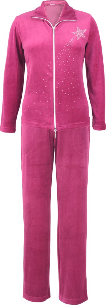 DeSen Damen Velours Nicki Hausanzug Freizeitanzug Nicki-Anzug mit Reißverschluss und Glitzersteinen Lila Rot 44/46