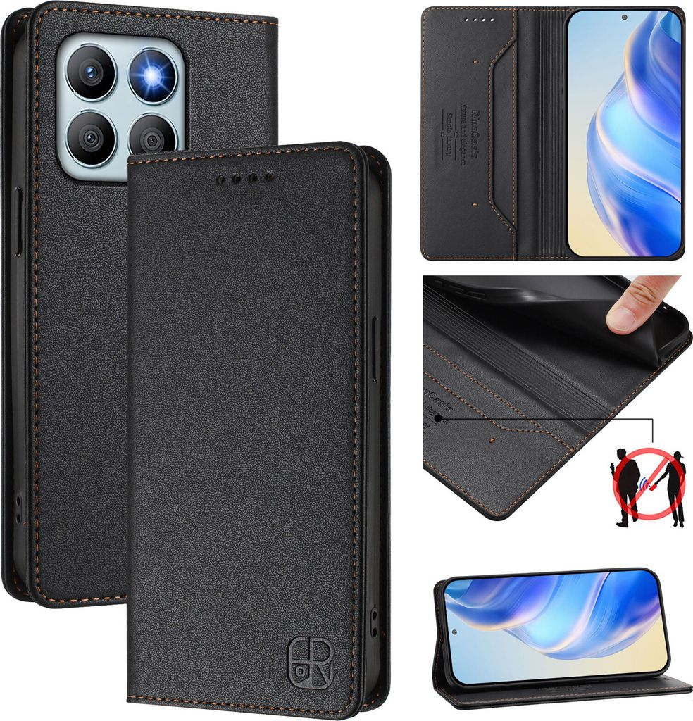 Lederhülle für Honor X8b Hülle Flip Brieftasche Kartenfächern Ständer Schutzhülle Schwarz
