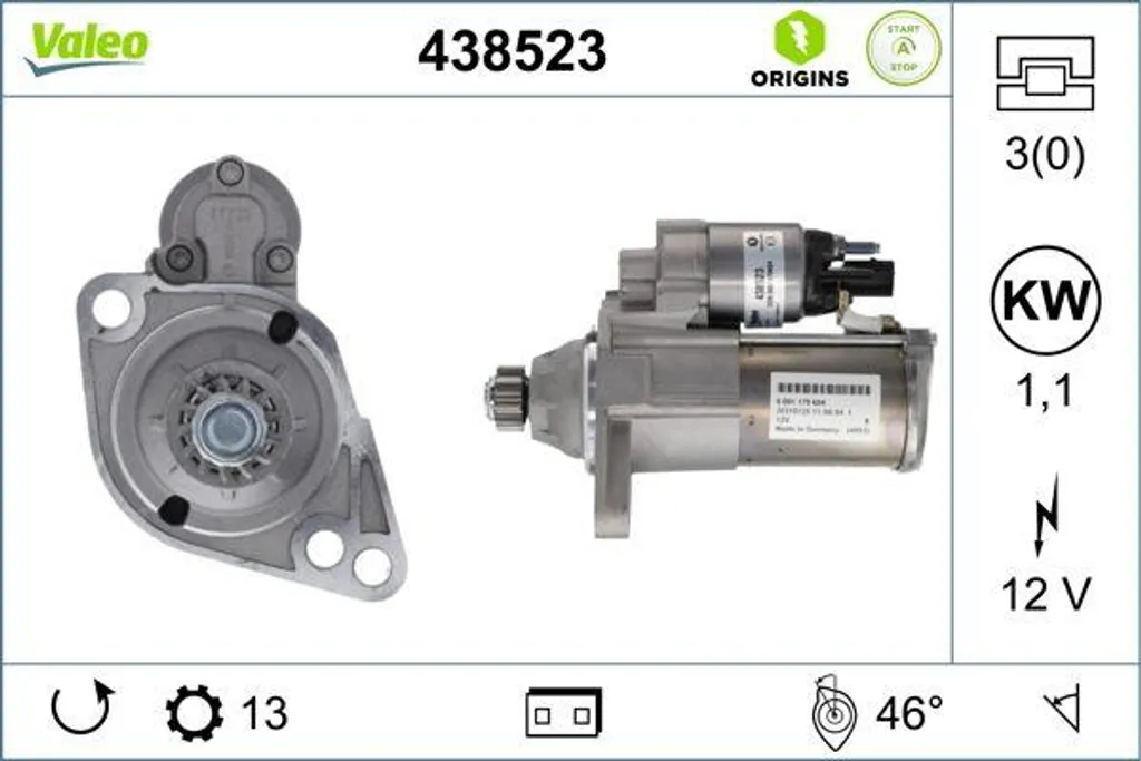 Démarreur Valeo 438523 : Solution aux problèmes de démarrage VAG 12V