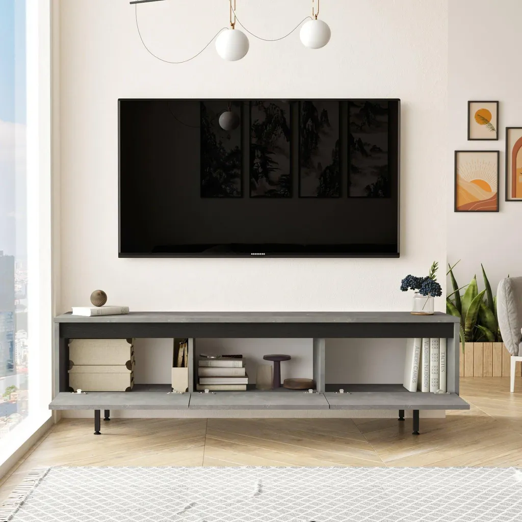 Meuble TV Titli 160cm Argent - Rangement TV Design, 1 Étagère Centrale