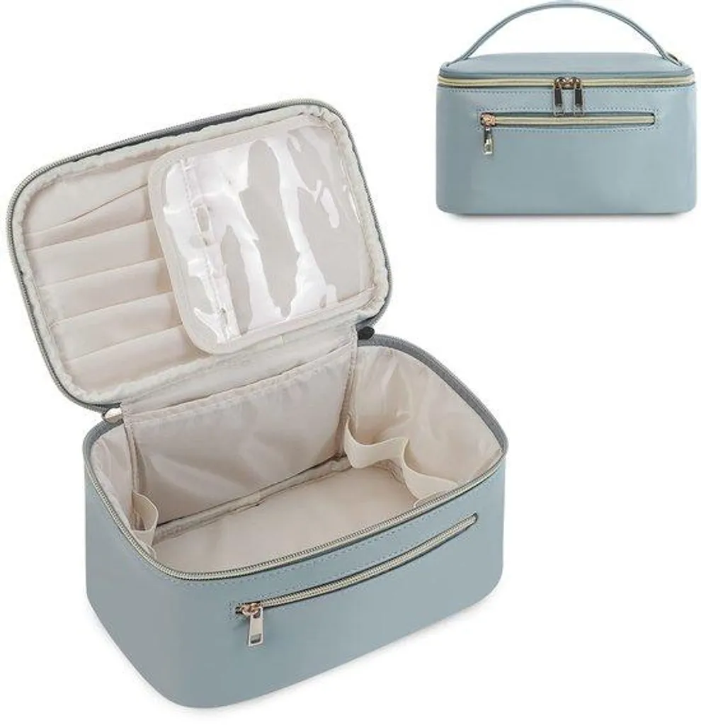 Grande trousse maquillage femme bleu gris en similicuir avec rangements