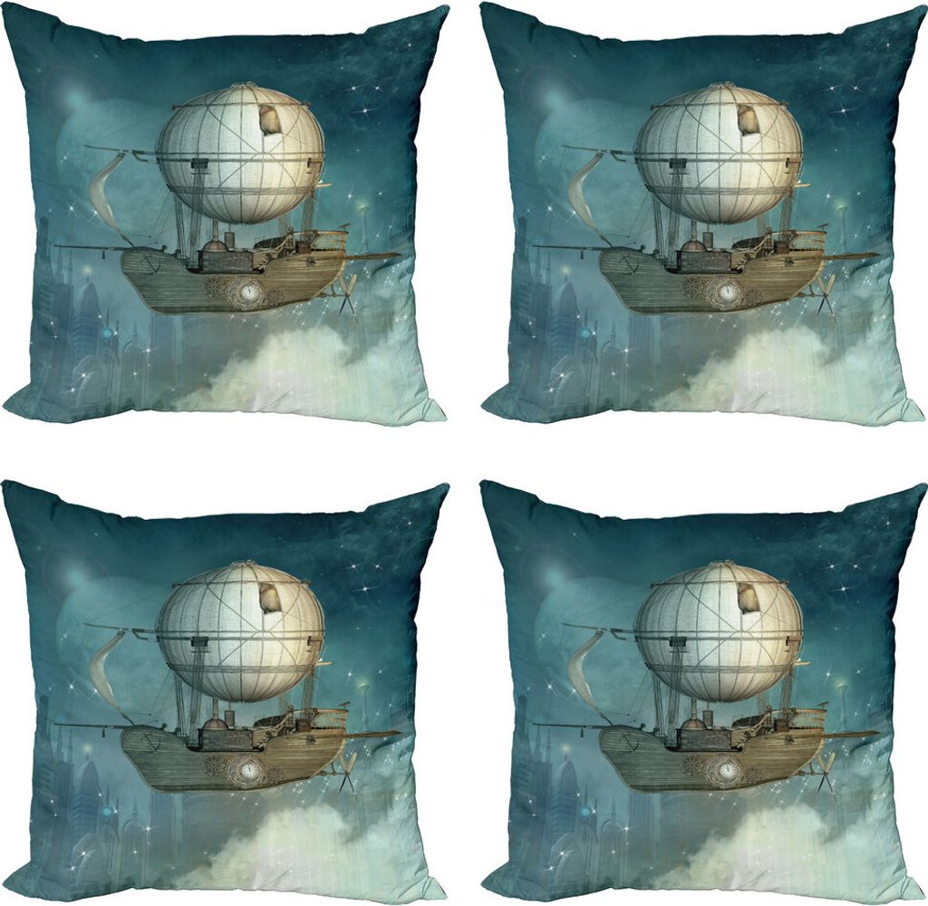 ABAKUHAUS Steampunk Kissenbezug Set (4 Stück), futuristisch Airship, Moderner Doppelseitiger Digitaldruck, 40 cm x 40 cm, Petrol Blau und Tan