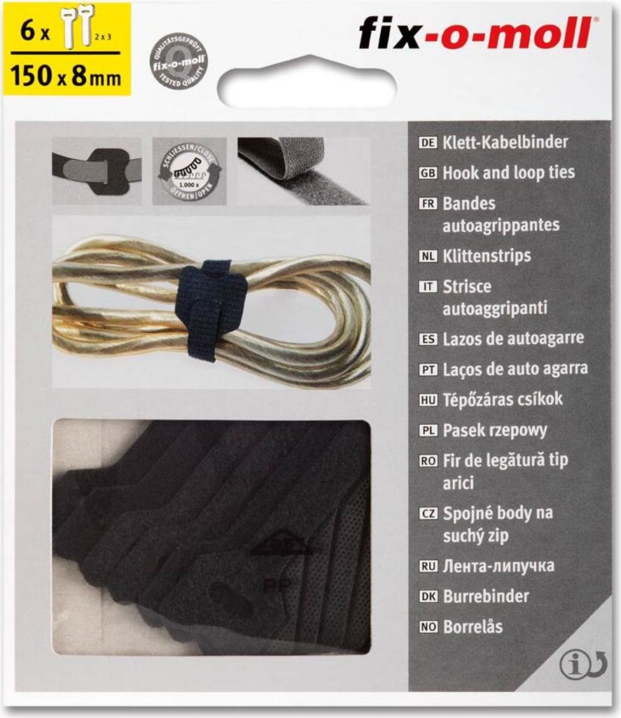 6 Stk Fix-o-moll Klett Kabelbinder 150 x 8 mm Bündeln und Ordnen von Kabeln Schwarz