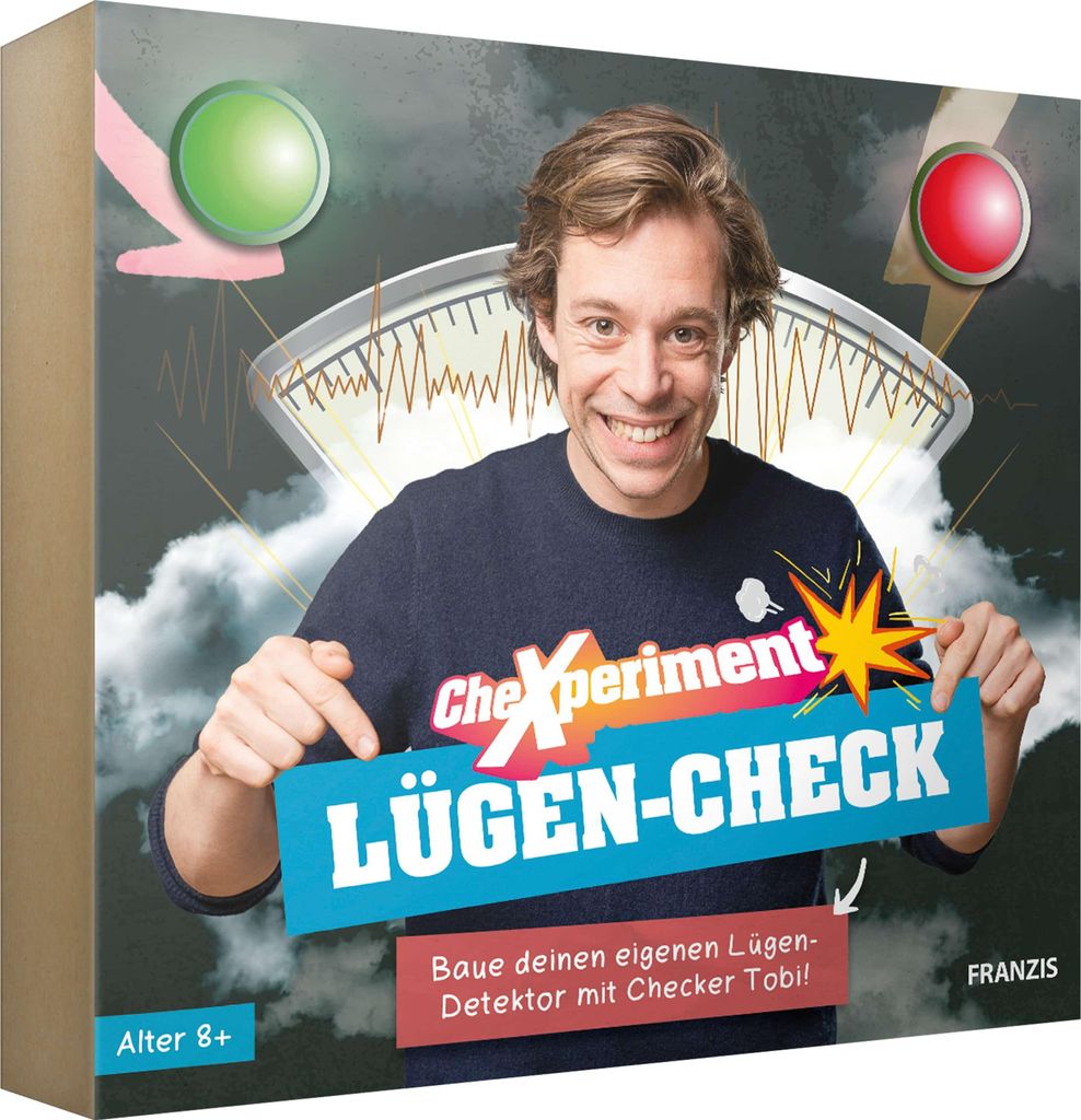 A man is holding a box for a science experiment kit called 'CheXperiment Lügen-Check'. The box features graphics related to science and detection.