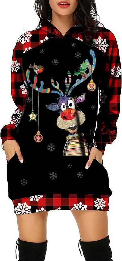 ASKSA Damen Rentier Print Kapuzenpullover Winter Langarm Hoodie Pullover Kleid Pulli Weihnachtskleid, A-Schwarz, L