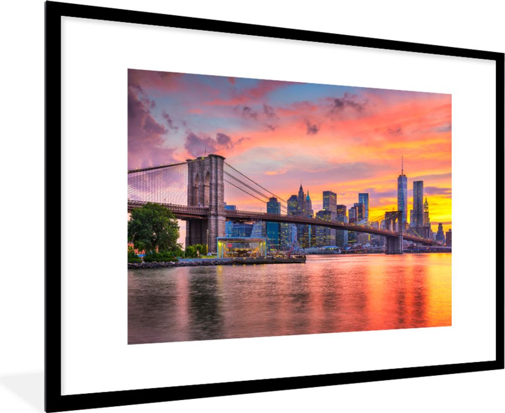 MuchoWow MuchoWow Gerahmtes Poster New York - Sonne - Brooklyn Bridge 90x60 cm - Poster mit zchwarzem Bilderrahmen - Wanddekoration - Fotos