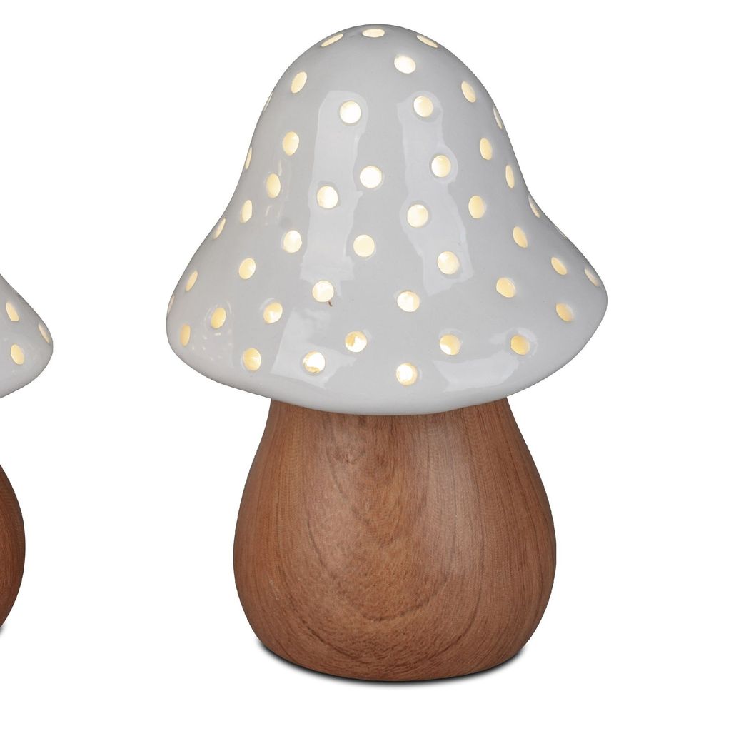 LED Dekoobjekt Pilz WOOD in Holzoptik H. 14cm weiß braun Steingut Formano H25