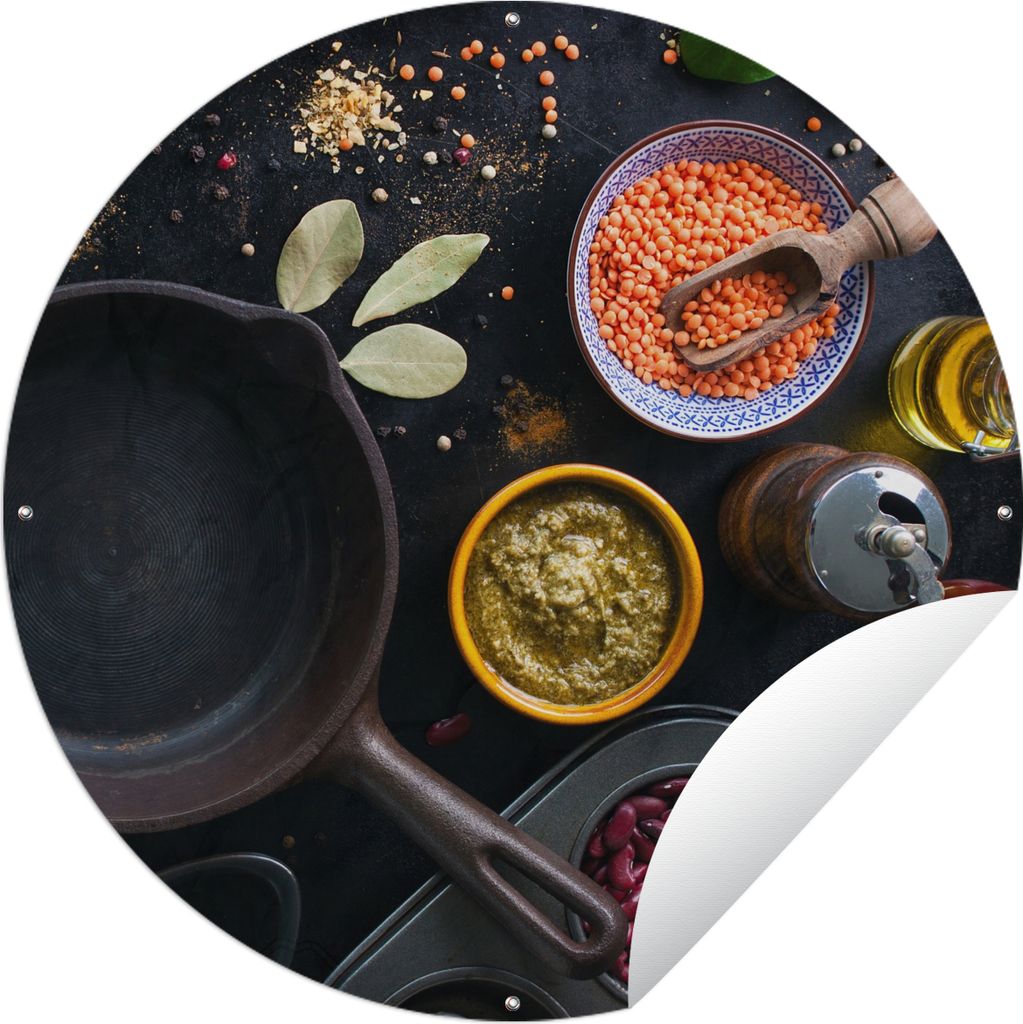 MuchoWow Gartenposter Outdoor-Poster Rund Kräuter - Gemüse - Pfanne Ø 60 cm Gartendeko Rundes Poster draußen