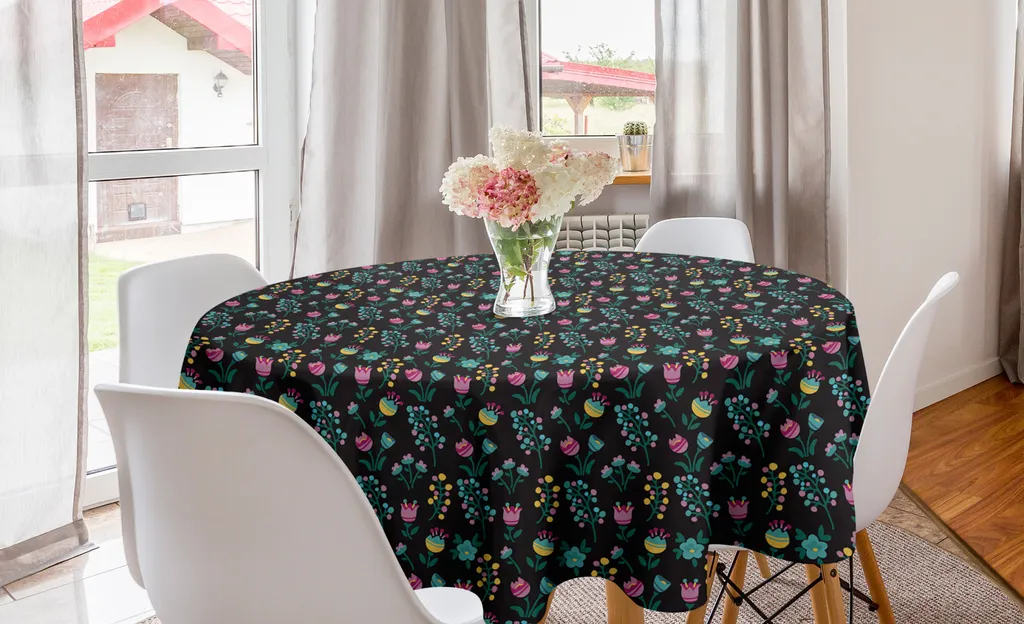 ABAKUHAUS Tovaglia rotonda primaverile, piante fiori e germogli, tovaglia rotonda per sala da pranzo e cucina, 150 cm, multicolore grigio antracite
