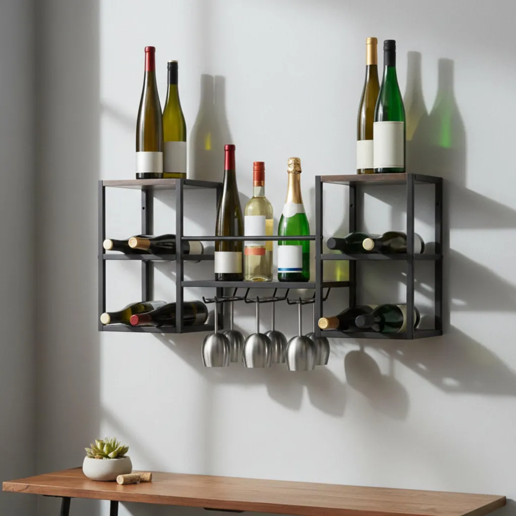 Casier à vin en métal robuste avec support de verres, design mural compact